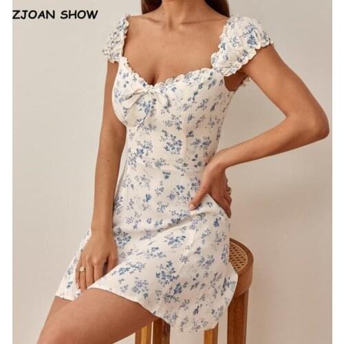 2021 Summer Retro Wood ears Collar White Blue Floral Print Short Dress Puff Sleeve Women Elastic Ruched Back Mini Holiday Robe