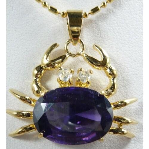 Womens fashion super cute gold plated metal crab Accessories + deep purple zircon faceted Egg Shaped Pendant Necklace