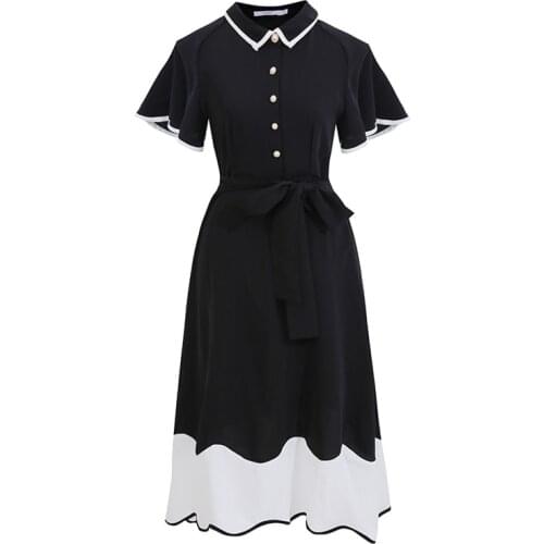 PERHAPS U Women Black White Patchwork Turn Down Collar Button Short Sleeve Fit And Flare Midi Dress Elegant Vintage D1040