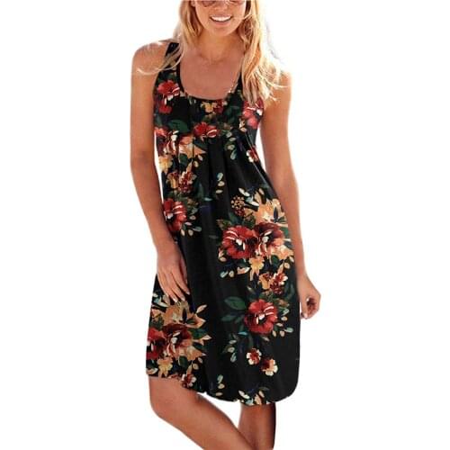 Womens Summer Casual Sleeveless Beach Dress Bohemian Vintage Floral Print Beach Sundress Loose Tanks Vest Robes Платье Летнее
