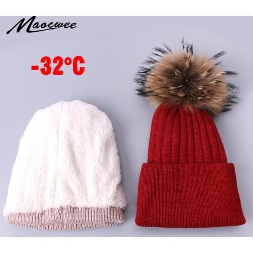Winter Beanie Hat ForBaby And Children Real Fur Pompom Hat Slouchy Knitted Skullie Beanie Add Velvet Warm Soft Hat With Lining