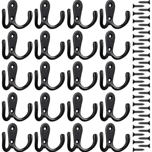 20PCS Double Prong Robe Hooks Dual Coat Hooks Wall Mounted Robe Hook Retro Metal Cloth Hanger Wall Hook for Home