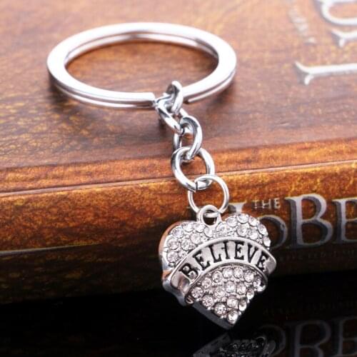 36PC Inspirational Keyrings Believe Clear Crystal Rhinestone Heart Charm Pendant Keychains Women Men Friendship Jewelry Gift Hot