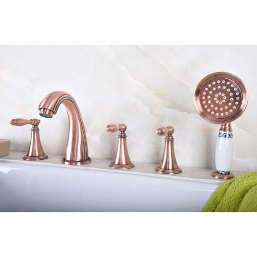 Antique Red Copper Brass Widespread Deck-Mounted Tub 5 Holes Three Handles Bathroom Tub Sink Basin Faucet Tap Hand Spray mtf196