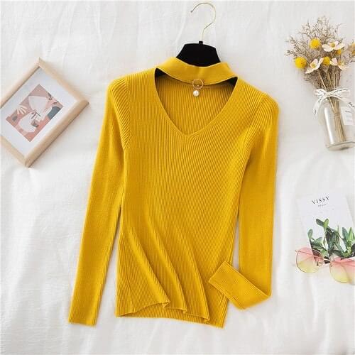 2021 Basic V-neck Beading Solid Autumn Winter Yellow Sweater Pullover Women Knitted Sweaters Slim Stretch Badycon Jumper Mujer