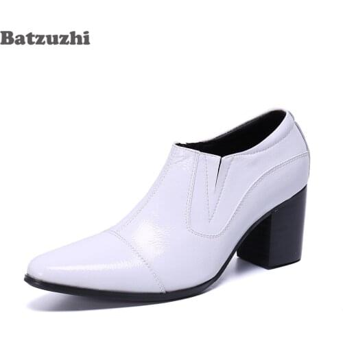 Batzuzhi Pointed Toe Formal Leather Ankle Boots Men White Leather Ankle Boots White Wedding Boots Men Party with 7cm High Heels