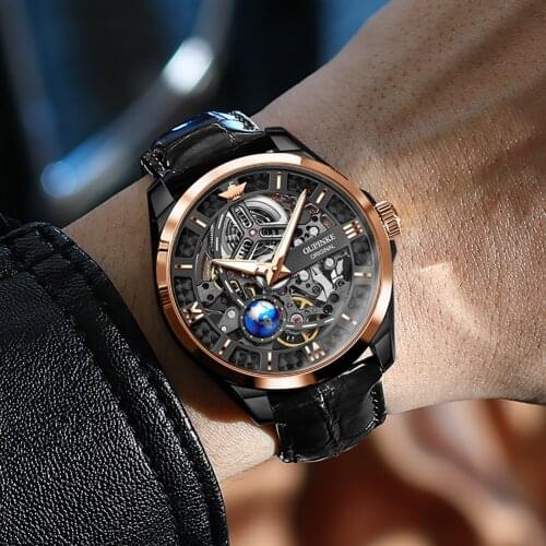 Switzerland OUPINKE New Mens Automatic Mechanical Watch Skeleton Waterproof Sapphire Leather Male Watches Relogio Masculino