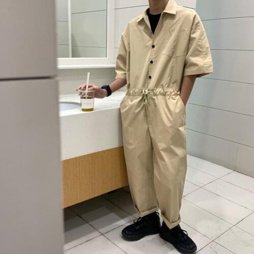 Fashion Korean Pattern Women Men Casual Vintage Short Sleeve Jumpsuits Spring Autumn Lapel Onesies Solid Buttons Overalls