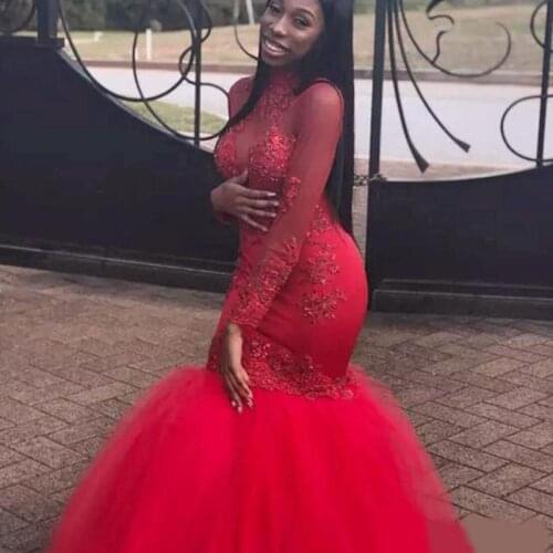 Red Mermaid Evening Dresses 2020 Illusion Bodice Sheer Long Sleeves High Neck Lace Appliques Formal Prom Dress Party Gown