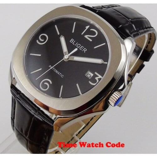 Bliger 40mm Square Automatic Mens Watch Black Dial Miyota 8215 Sapphire Glass Auto Date polished bezel leather strap Mechanical