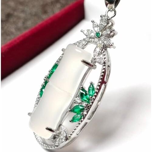 New Style 925 Sterling Silver Necklaces For Women Bamboo joint Natural White Green Pendants Necklaces Gemstone Fine Jewelry gift