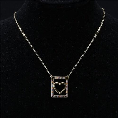 Rainbow mix cz micro paved hollow rectangle heart charm gold snake chain link pendant choker necklace collar for woman