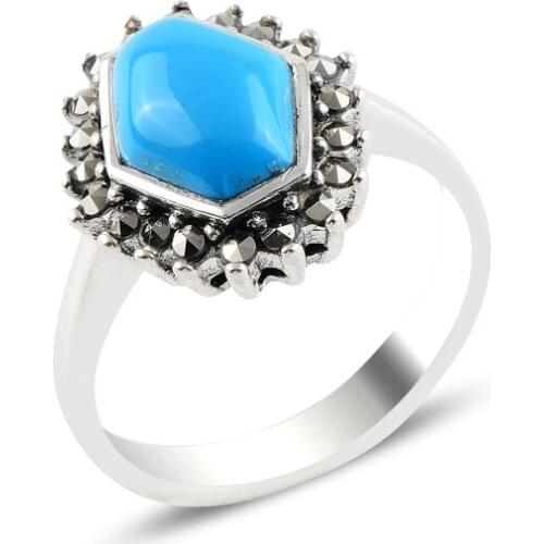 Silver 925 Sterling Turquoise & Marcasite Ring