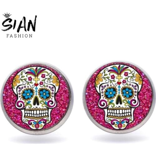 SIAN Cute Flower Eyes Sugar Skull Earrings Novel Skeleton Skull Halloween Mexico Day of The Dead Punk Stud Earings for Men Women