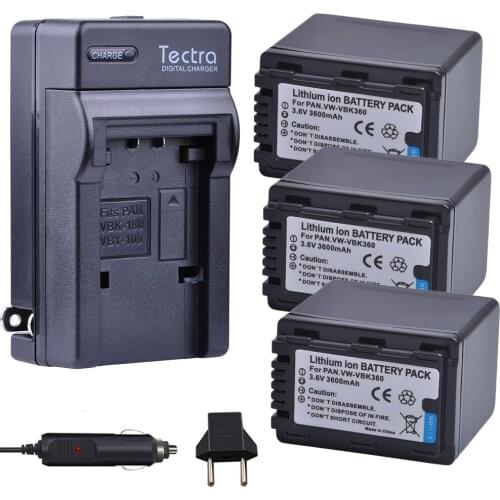 Tectra 3Pcs VW-VBK360 VBK360 bateria + Digital Charger for Panasonic HDC-TM40 HDC-TM41 HDC-TM55 HDC-TM60 HDC-TM80 HDC-TM90 SD40