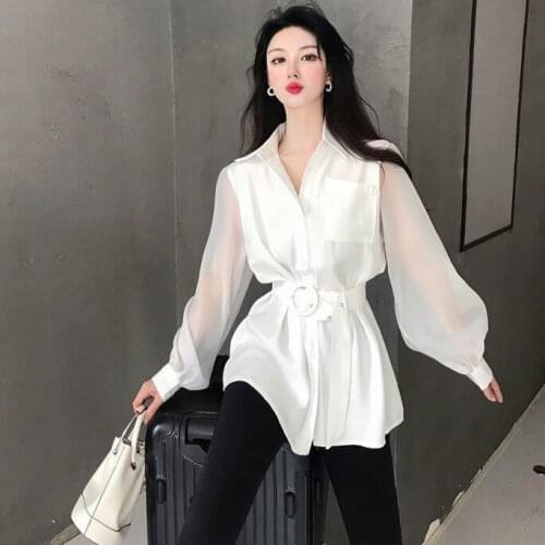 Vintage Long Sleeve Elegant Women Blouse Summer Slim Sashes Blusas Fashion Pocket Single Breasted Shirts Office Business Belt