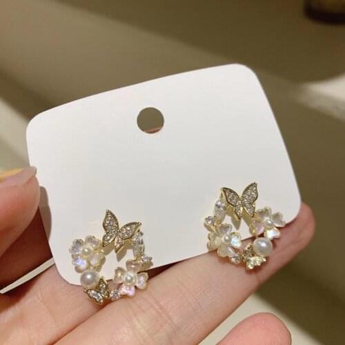 MENGJIQIAO Korean Delicate Zircon Butterflly Stud Earrings For Women Ladies Cute Shell Flower Wreath Boucle D'oreille Jewelry