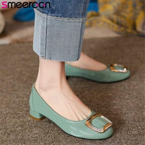 Smeeroon 2021 Top Quality Single Shoes Women Pumps Metal Decoration Round Toe Spring Summer Casual Party Wedding Shoes Women