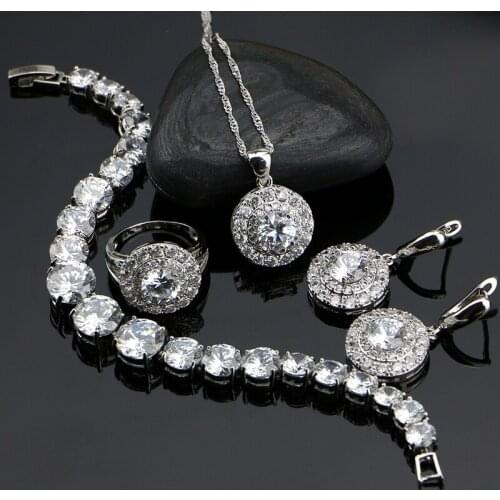 925 Sterling Silver Jewelry Sets For Women White Cubic Zirconia Earrings/Ring/Pendant/Bracelet/Necklace Set