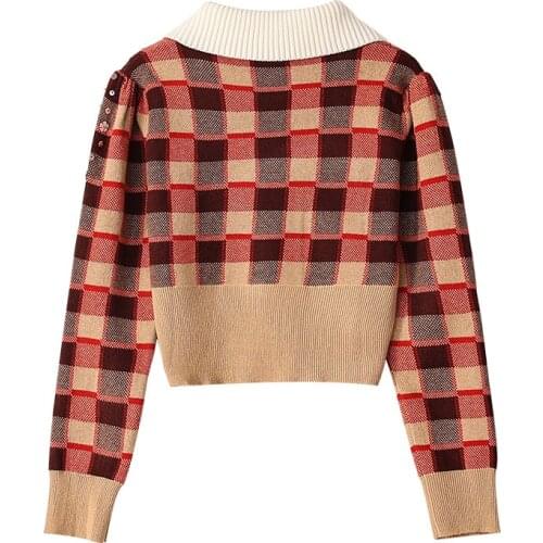 Luxury Runway Mori Girl Style Office Lady Vintage Sequined Beading Luxury Red Plaid Cardigan Short Knitted Sweater Women Jumpers
