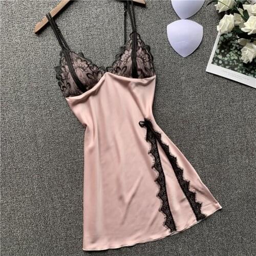 Lisacmvpnel 2020 Woman Ice Silk Sexy Camisole Nightgown V-Neck Lace Imitate Real Silk Nightwear