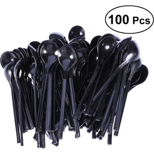 100Pcs Thick Plastic Spoons Disposable Individually Wrapped Thick Yogurt Cakes Fast Food Spoons Baking Supplies Tableware Black