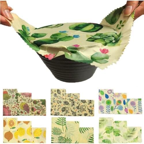 3Pcs Food Preservation Cloth Print Pattern Reusable Cotton Bread Sandwich Wrapping Beewax Wrap for Food Storage