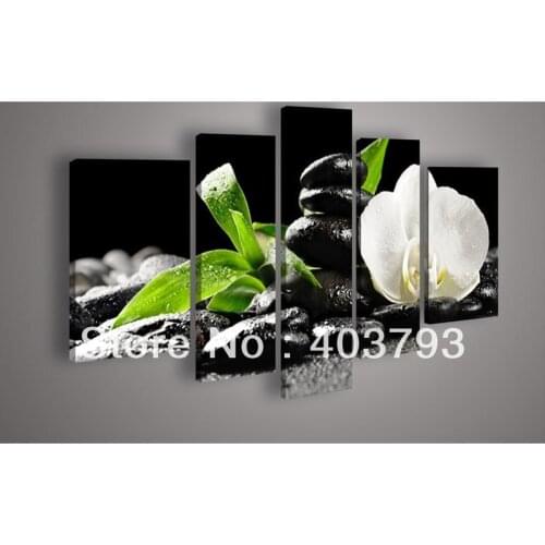 5 Panel Wall Art Botanical Feng Shui White Orchid Oil Painting On Canvas For Living Room Pictures On The Wall Free shipping