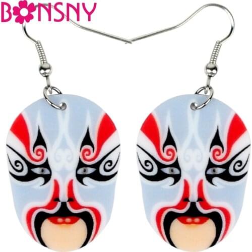 Bonsny Statement Acrylic Chinese Beijing Opera Mask Earrings Drop Dangle Unique Decoration Jewelry For Women Girls Charms Bijoux