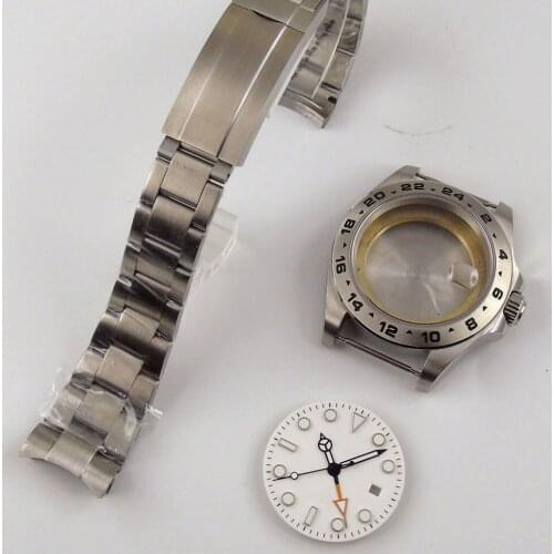 Automatic 43mm Watch Case Brushed Oyster Strap Black White Green Dial for 3804 Movement Screw Crown Sapphire Glass