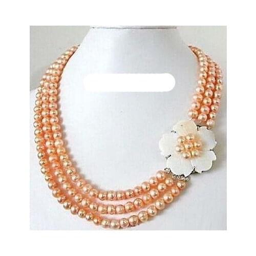 FREE SHIPPING HOT sell new Style >>>>3 Rows Real Pink Pearl White Shell Flower 18KWGP Clasp Necklace