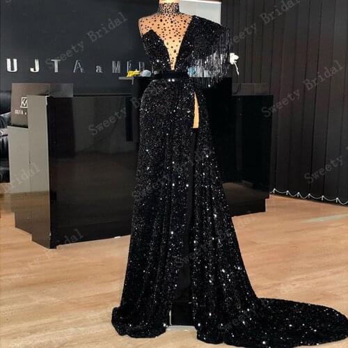 Sparkling Mermaid Evening Dresses 2021 High Neck Sequined Beaded Robe De Soiree Aibye Saudi Arabia Dubai Long Prom Dresses