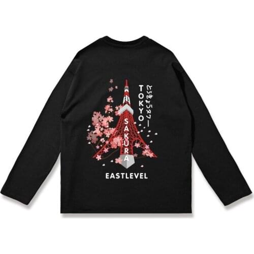 Spring Loose Japanese Long-sleeved T-shirt Male Street Hip-hop Cherry Blossom Tower Printing Couple Cotton Bottoming Shirt