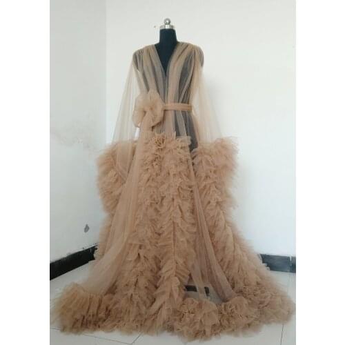 Womens Photography Dress Sexy Champagne Robe Nightgown Ruffles Sleepwear Lace Tulle Bathrobe Pajamas Prom Bridesmaid Shawel