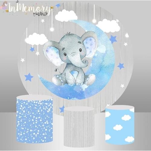 Round Circle Background Boy 1st Birthday Party Backdrops Moon Star Baby Elephant Cake table Banner Customized Plinth Covers