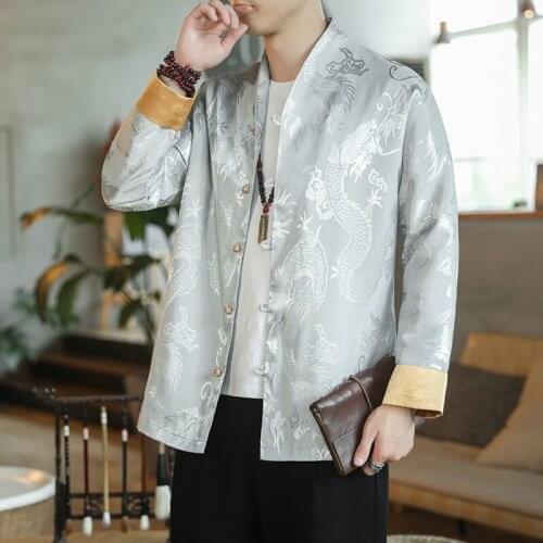 MrGB Autumn Chinese Style Dragon Pattern Mens Jacket Tang Suit Oversize Vintage Casual Male Coat Luxury Long Sleeve Men Jacket