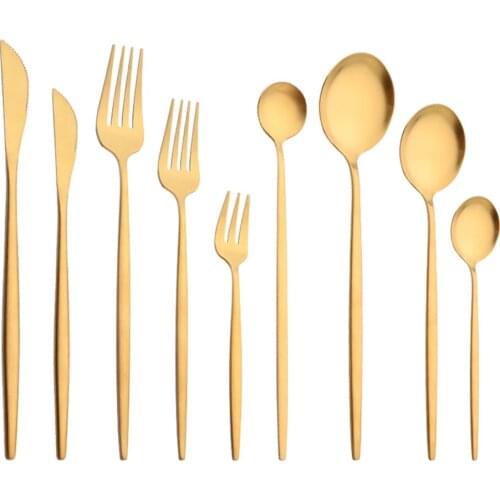 Matte Gold Tableware Stainless Steel Cutlery Set Kitchen Flatware Dinner Fork Spoon Knife Cake Fork Ice Spoon Dinnerware Set