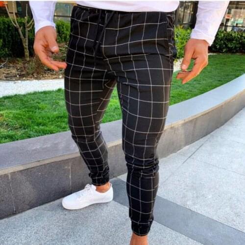 Men Casual Skinny Jogging Joggers Slim Fit Sweat Plaid Pants Elastic Trousers