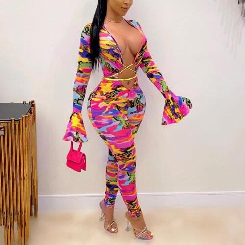 Sexy Bodycon Jumpsuits Women Lace Up Printed Flare Sleeve High Waist Long Pants For Evening Party Night Club Cloth Rompers Hot