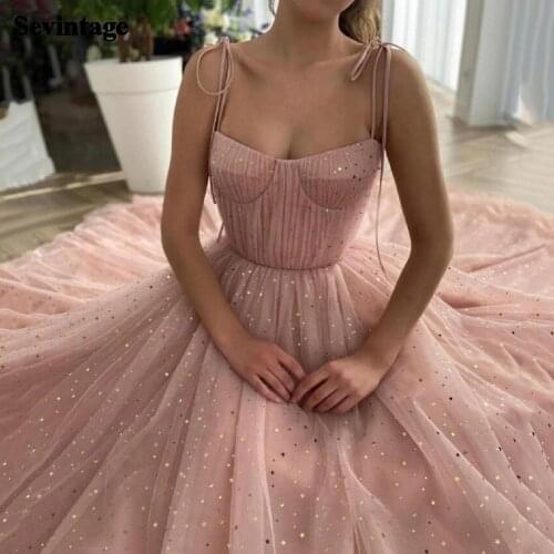 Sevintage Blush Prom Dresses 2021 Pleated Starry Tulle Long Evening Dress A-Line Formal Party Gowns Princess Custom Made