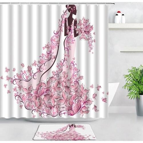 Pink Butterfly Girl Shower Curtains Bath Mats Set Abstract Art Design Fashion Woman Bathroom Decor Carpet Anti-slip Rug Door Pad