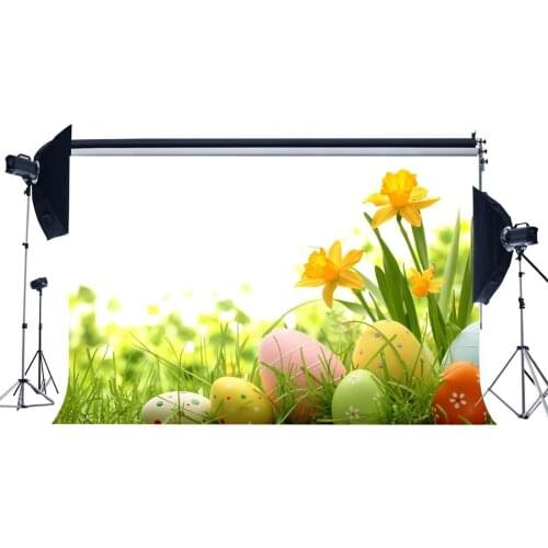 Happy Easter Backdrop Painted Eggs Fresh Flowers Green Grass Meadow Bokeh Frohe Ostern Spring Photography Background Boys Girls