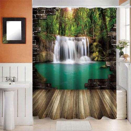Wide Waterfall Deep Down in The Forest Seen from A Broken Wall Epic Surreal Decorative Shower Curtain Landscape Bathroom Curtain