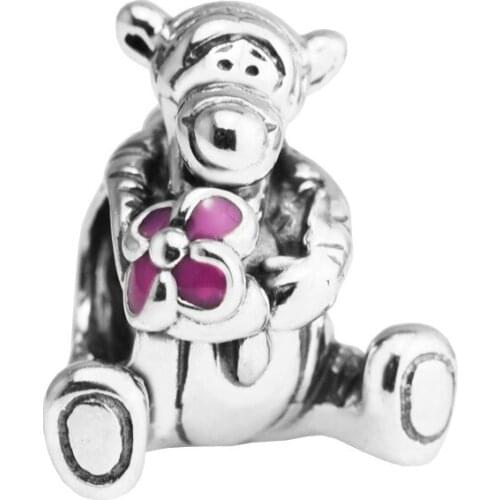 Tigger Pink Enamel Flower Charm Beads for Jewelry Making Fine Silver 925 Original Beads for Charms Bracelets Women Jewelry DIY