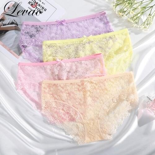 LEVAO Sexy Underwear Women Briefs Lace Sexy Transparent Mesh Bowknot Girls Cotton Bottom File Seamless Female Shaping Panties