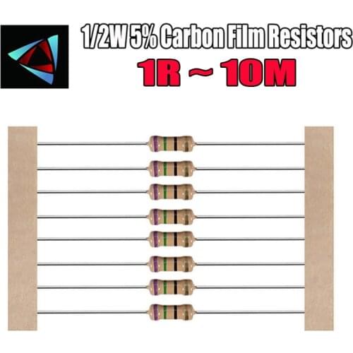 100pcs 1/2W Carbon Film Resistors 5% 1 ~ 10M 100R 220R 1K 1.5K 2.2K 4.7K 10K 22K 47K 100K 100 220 1K5 2K2 4K7 ohm resistance