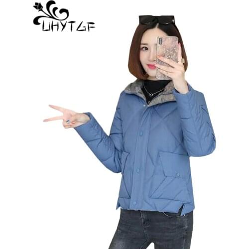 UHYTGF Fashion Cotton Female Jacket Warm Parka Outerwear Winter Jacket Women Tops Oversize Down Cotton Jacket Solid Short Coat