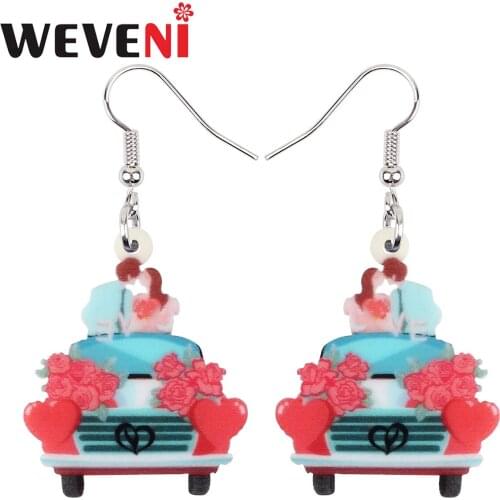 WEVENI Valentines Day Acrylic Blue Kissing Couple Flowers Car Earrings Long Drop Dangle Fashion Gifts Jewelry For Women Girls