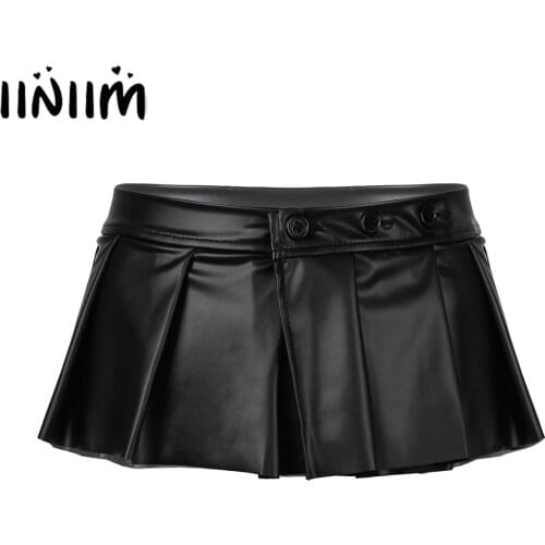 Womens PU Leather Pleated Miniskirt for Evening Clubwear Sexy Party Role Play Costume Femme Ladies Hot Pole Rave Mini Skirt