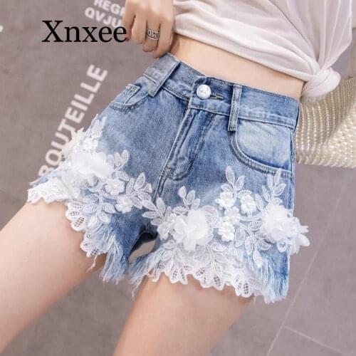 White Lace Flowers Denim Jeans Women Fashion Cowboy Shorts New Embroidery Beading Lace Shorts Large Size Casual Hot Shorts